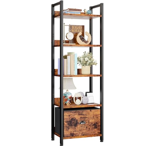 Black 5 Tier Bookshelf with Drawer, Tall Narrow Bookcase, Wood and Metal G573006