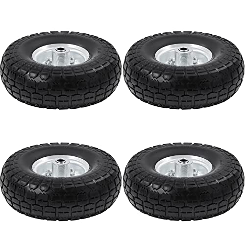 4 Pack 10-inch Black Flat Free Tire Wheels with 5/8-inch Ball Bearing Axle Bore W709