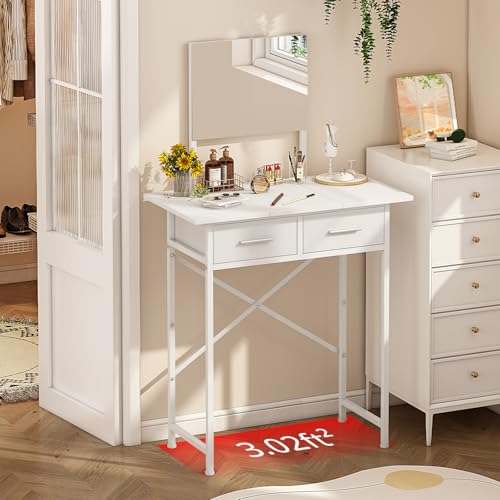 White Compact Vanity Desk with Mirror and Drawers V6579