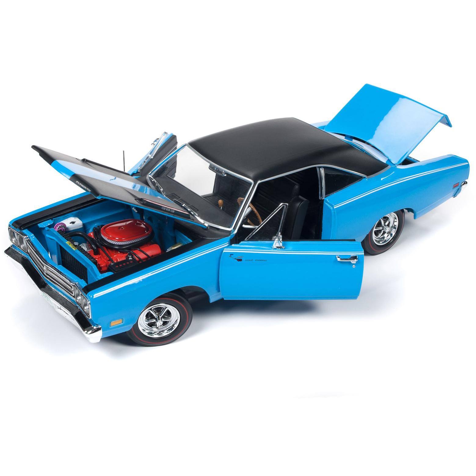 1969 Plymouth Road Runner Hardtop Petty Blue with Black Top and Black Stripes 1/18 Diecast Car G902