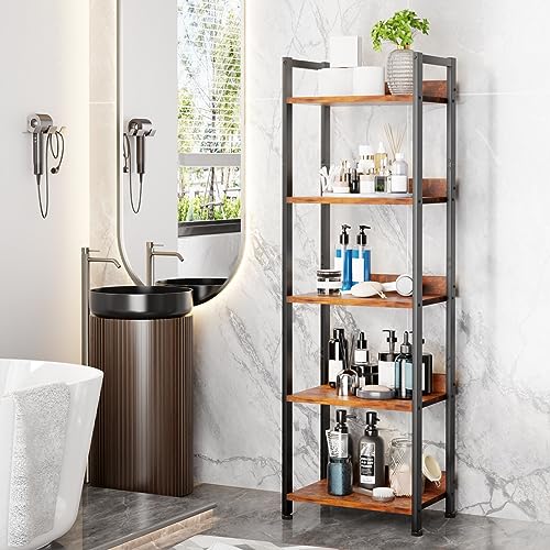 Black 5 Tier Bookshelf with Drawer, Tall Narrow Bookcase, Wood and Metal G573006