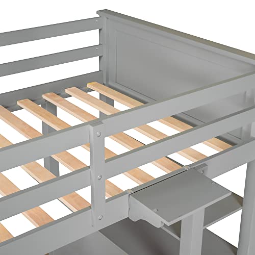 White Twin Size Loft Bed with Desk, Wood Frame, Shelves, Drawers G35781