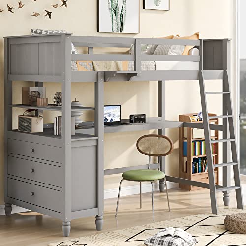 White Twin Size Loft Bed with Desk, Wood Frame, Shelves, Drawers G35781