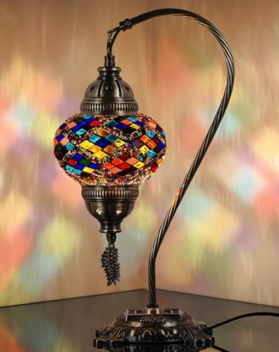 Turkish Moroccan Mosaic Table Lamp Handcrafted Tiffany-Style Colorful Glass Swan Neck Bedside Desk Table Light Boho Artisan Accent Lighting 15" H Black White W746591