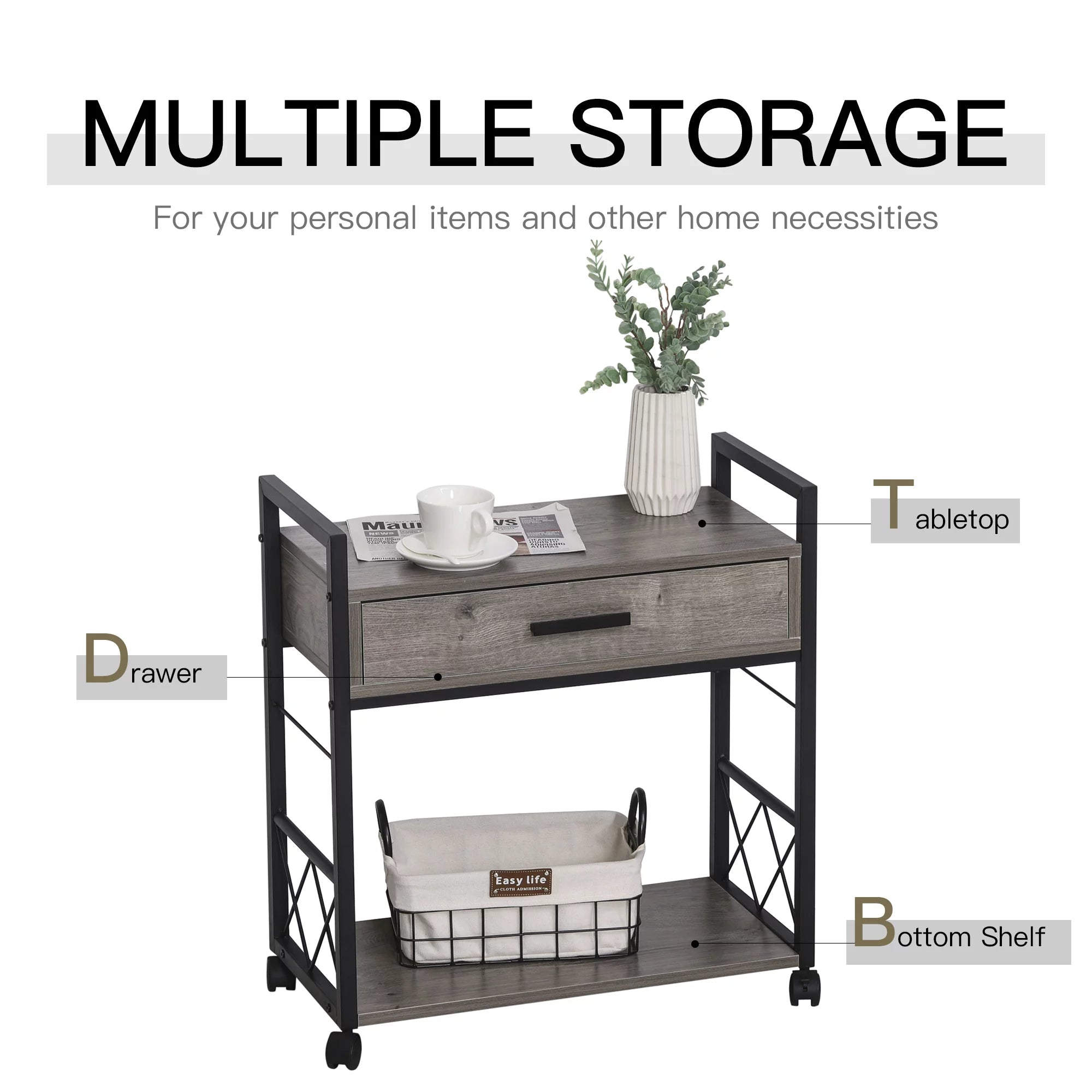 Grey Industrial End Table with Drawer and Bottom Shelf V2777