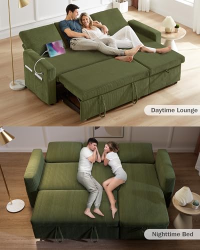 Corduroy Green L Shaped Sleeper Sofa with Pull Out Bed U5728