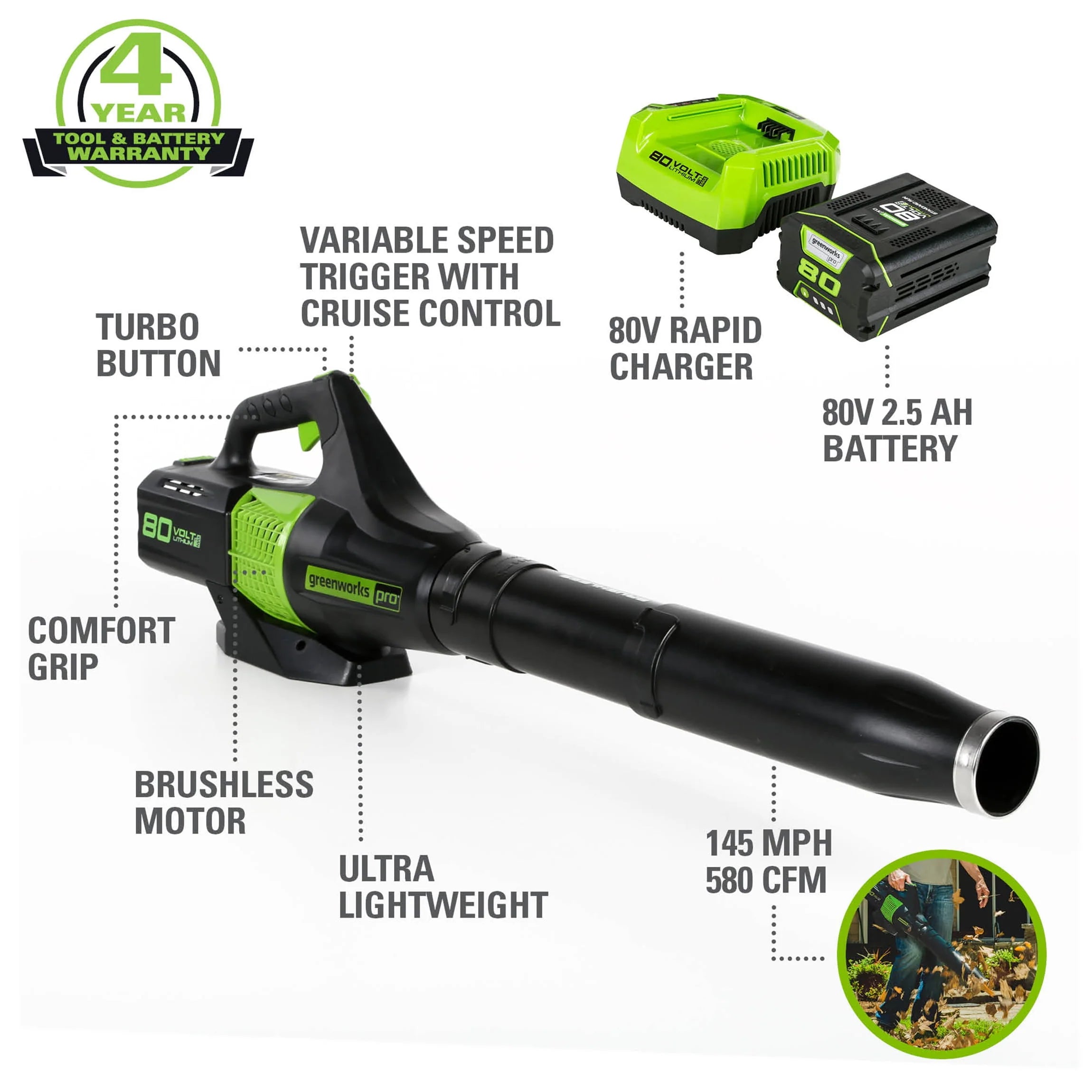 80V Brushless Leaf Blower with 2.5 Ah Battery & Charger S905655