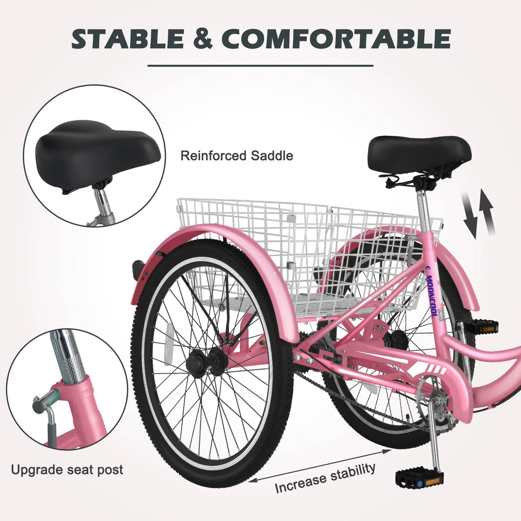 24 inch 3 Wheel Single Speed Adult Tricycle with Shopping Basket S9449