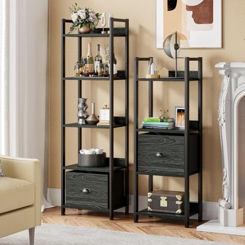 Black 5 Tier Bookshelf with Drawer, Tall Narrow Bookcase, Wood and Metal G573006