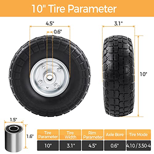 4 Pack 10-inch Black Flat Free Tire Wheels with 5/8-inch Ball Bearing Axle Bore W709