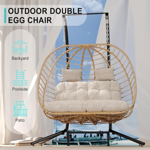 Double Egg Swing Chair with Stand, 2 Person Hanging Wicker Hammock Chairs with Cushion, Dark Grey E942