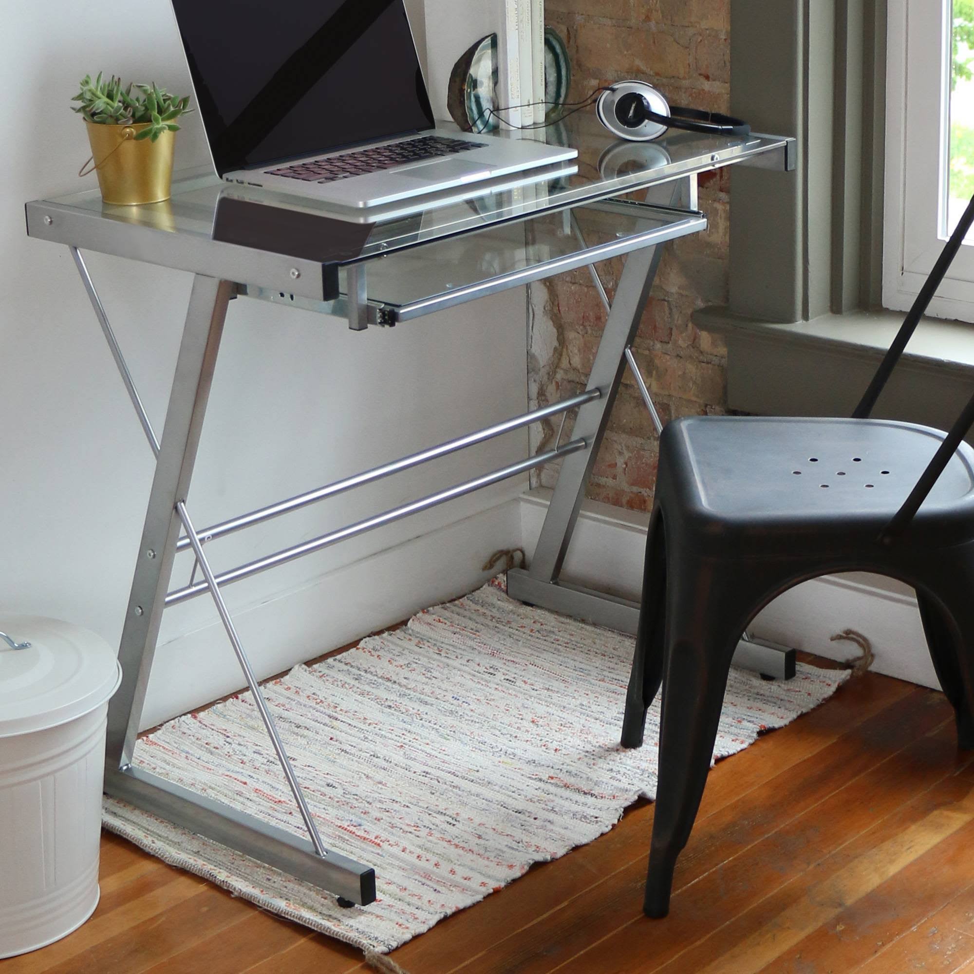Silver Glass Computer Desk with Keyboard Tray Y614615