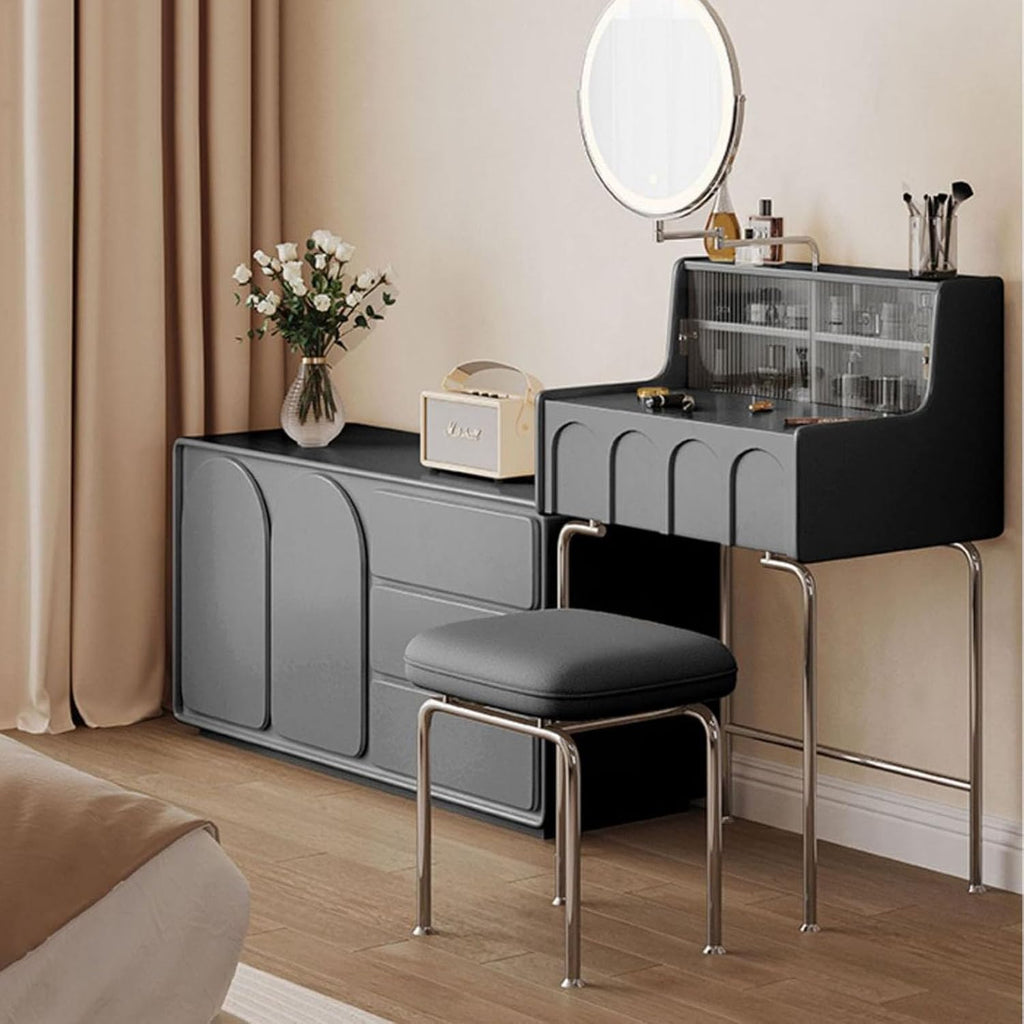Black Compact Vanity Desk with 3 Adjustable Lighted Mirror and Storage Shelf F32956
