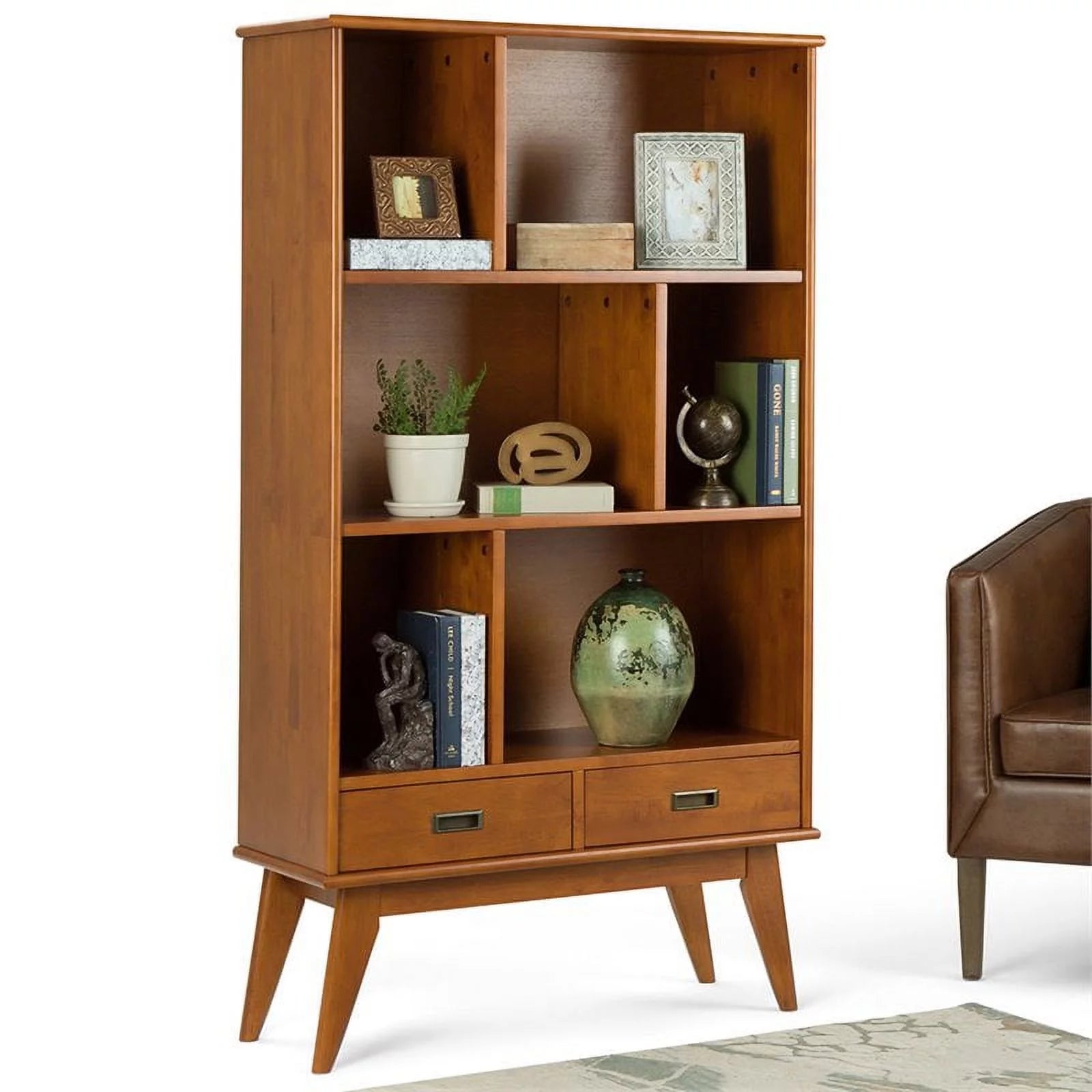 Teak Brown Mid Century Modern Wide Bookcase and Storage Unit Z954