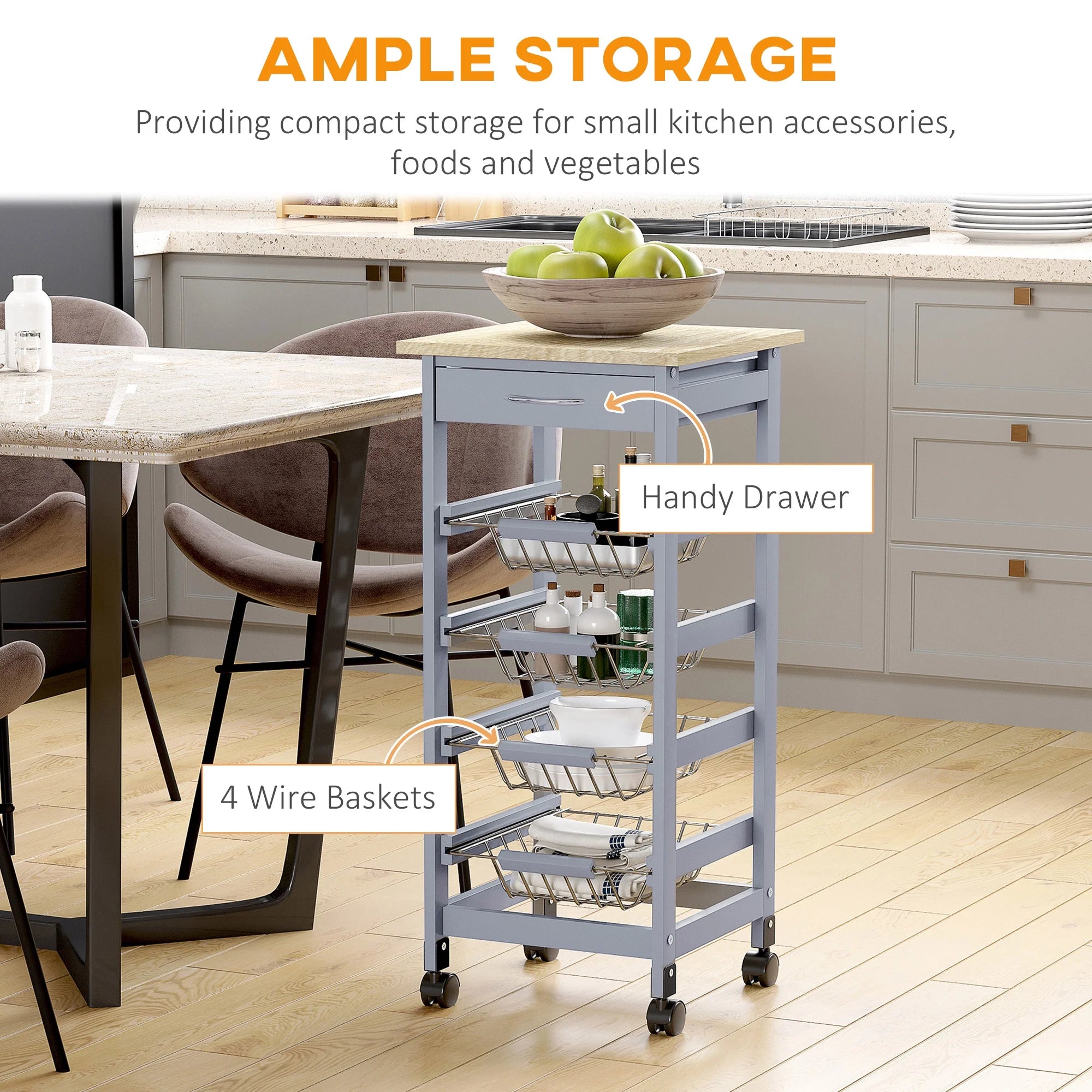 Gray Compact Rolling Kitchen Cart with Storage Drawer P636613