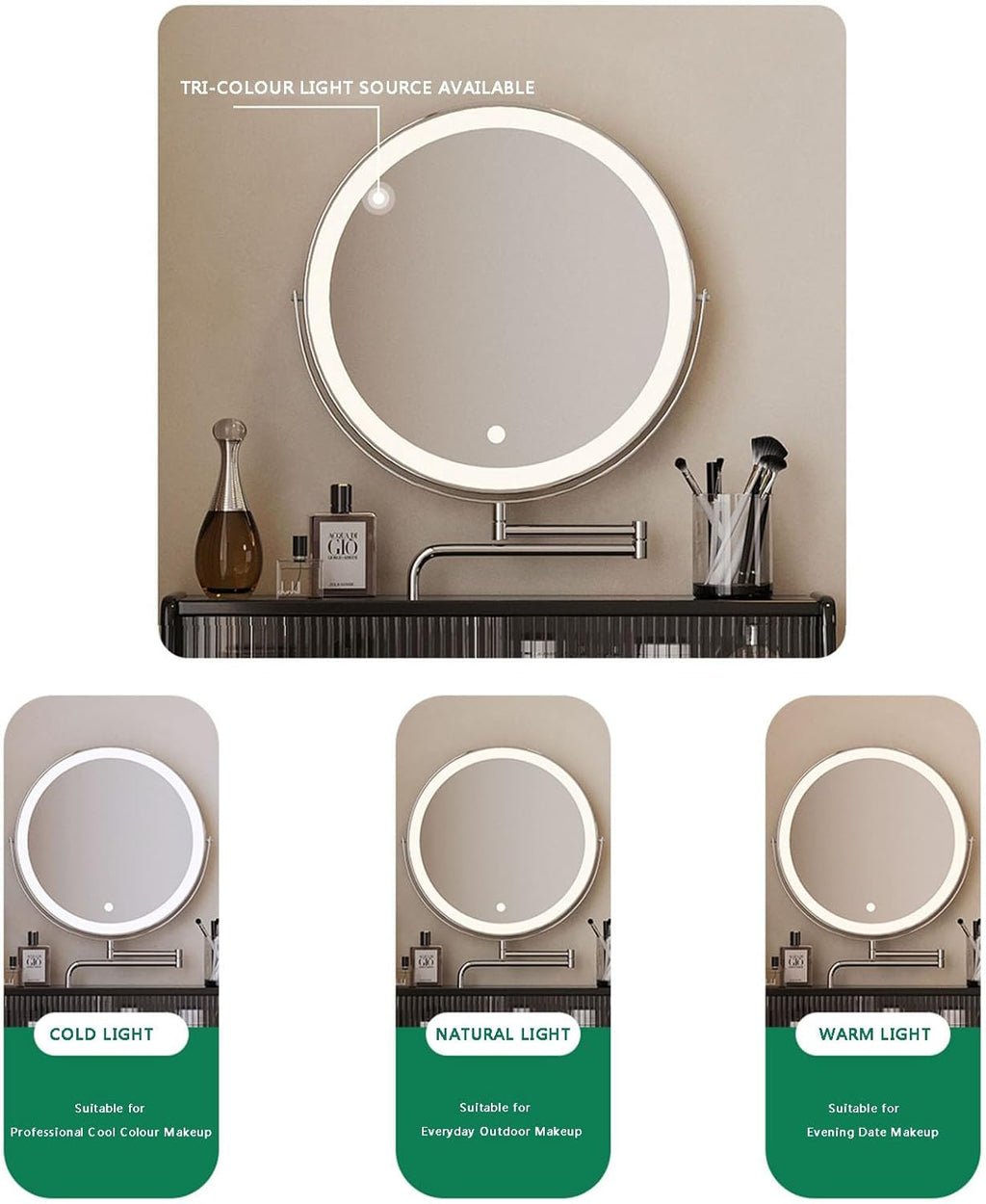 Black Compact Vanity Desk with 3 Adjustable Lighted Mirror and Storage Shelf F32956