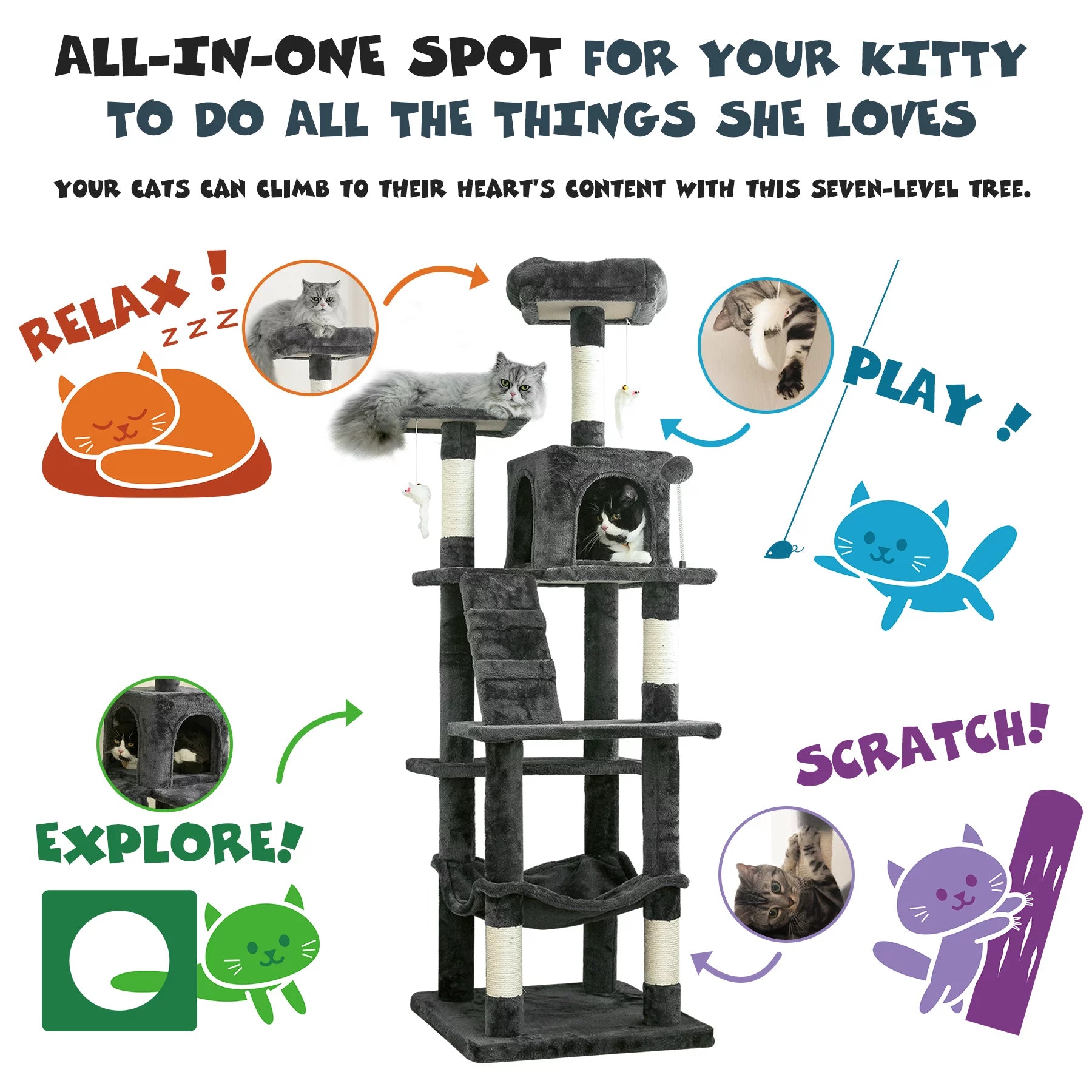 63.8-in Dark Gray Cat Tree with Condo and Scratching Post G184088