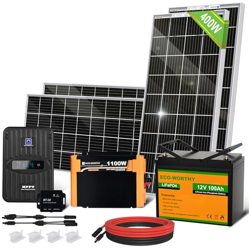 1.6KWH Complete Solar Panel Kit 400W 12V with 40A MPPT Charge Controller, 12V 100Ah Lithium Battery, 1100W Solar Power Inverter, Bluetooth Module Q4449