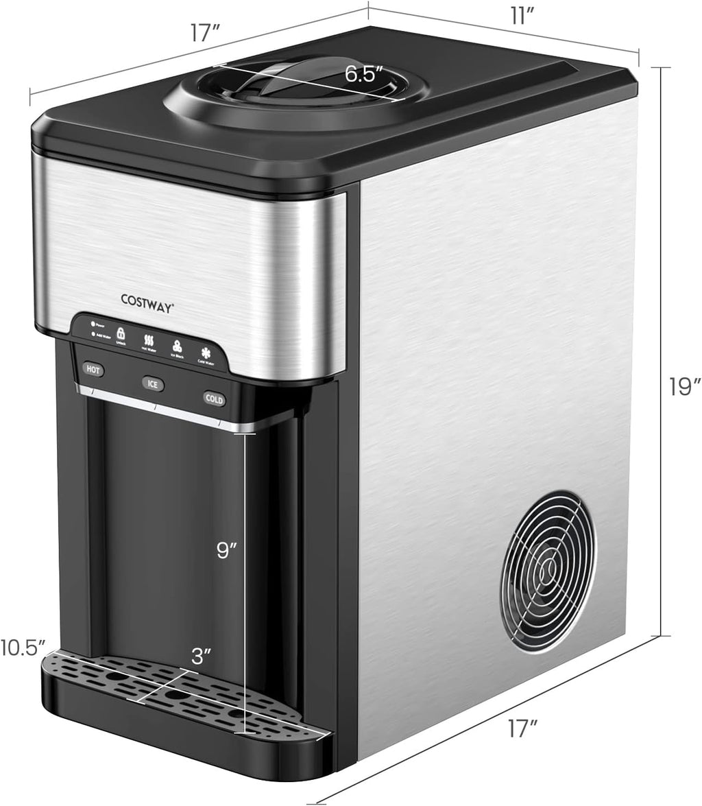 Water Dispenser with Ice Maker, 3-in-1 Countertop Top-Loading Hot Cold Water Cooler Machine, 48Lbs/24H, 12 Cubes, 4Lbs Storage Basket O16944