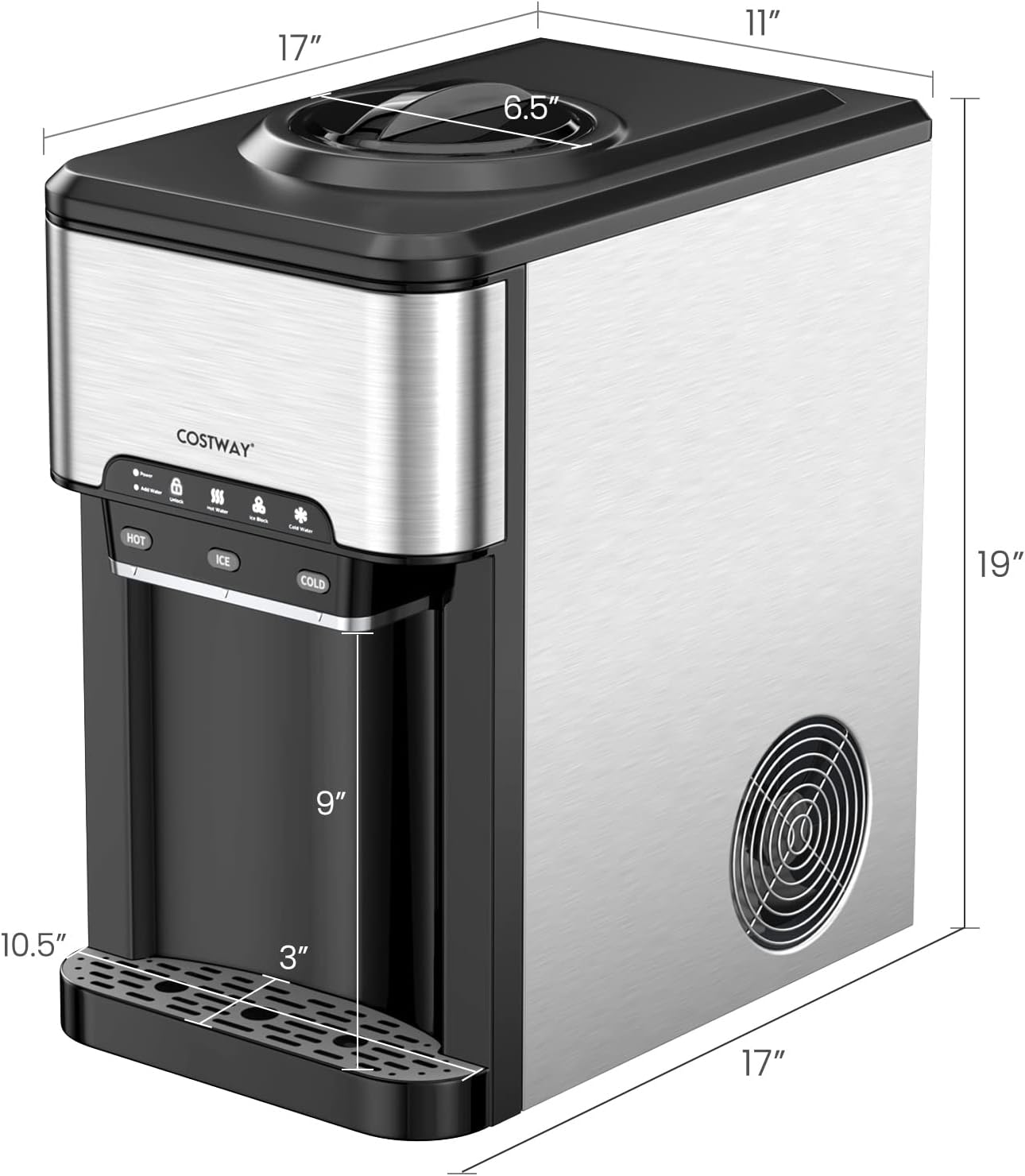 Water Dispenser with Ice Maker, 3-in-1 Countertop Top-Loading Hot Cold Water Cooler Machine, 48Lbs/24H, 12 Cubes, 4Lbs Storage Basket O16944