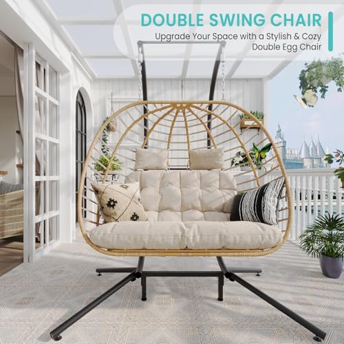 Double Egg Swing Chair with Stand, 2 Person Hanging Wicker Hammock Chairs with Cushion, Dark Grey E942