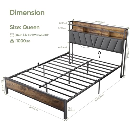 Brown Metal Bed Frame with LED Lights and Storage Headboard I5447