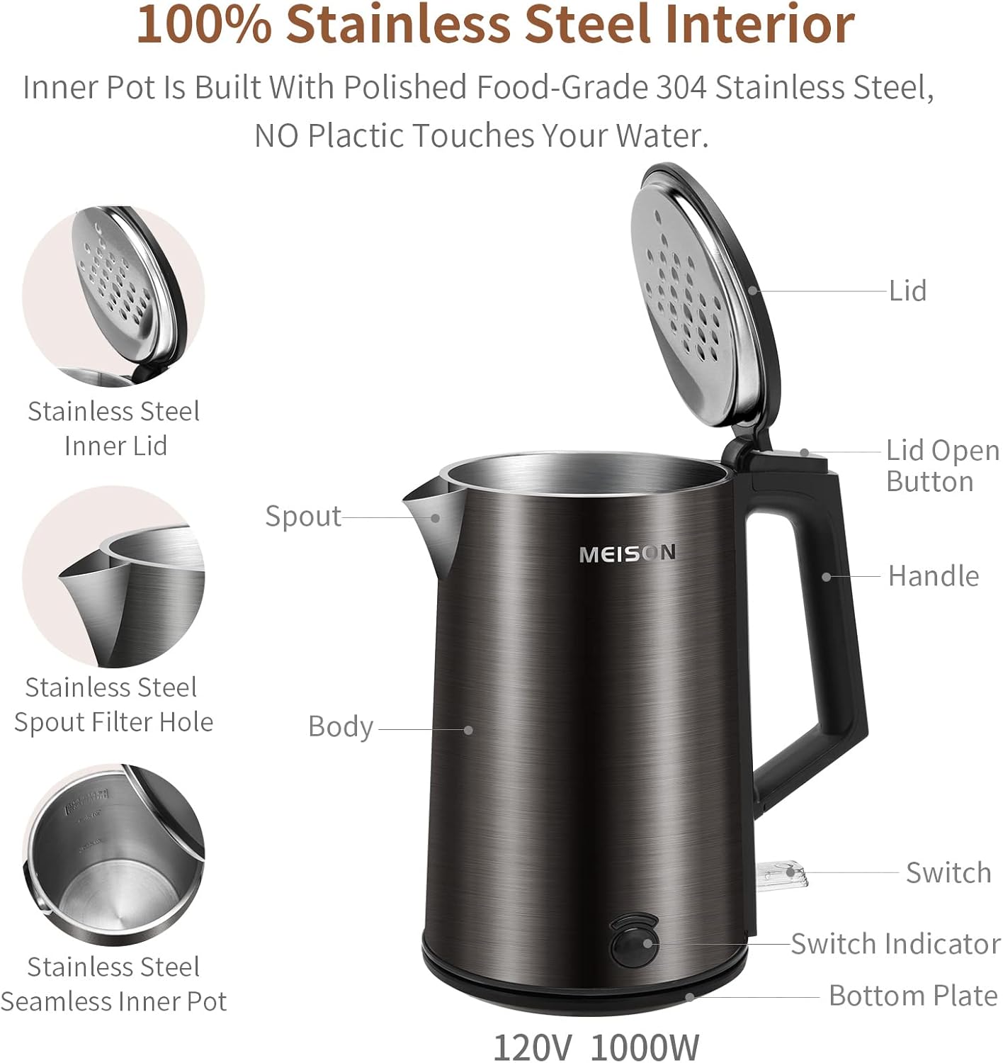 Blue 1.0L Double Wall Stainless Steel Electric Kettle X403535