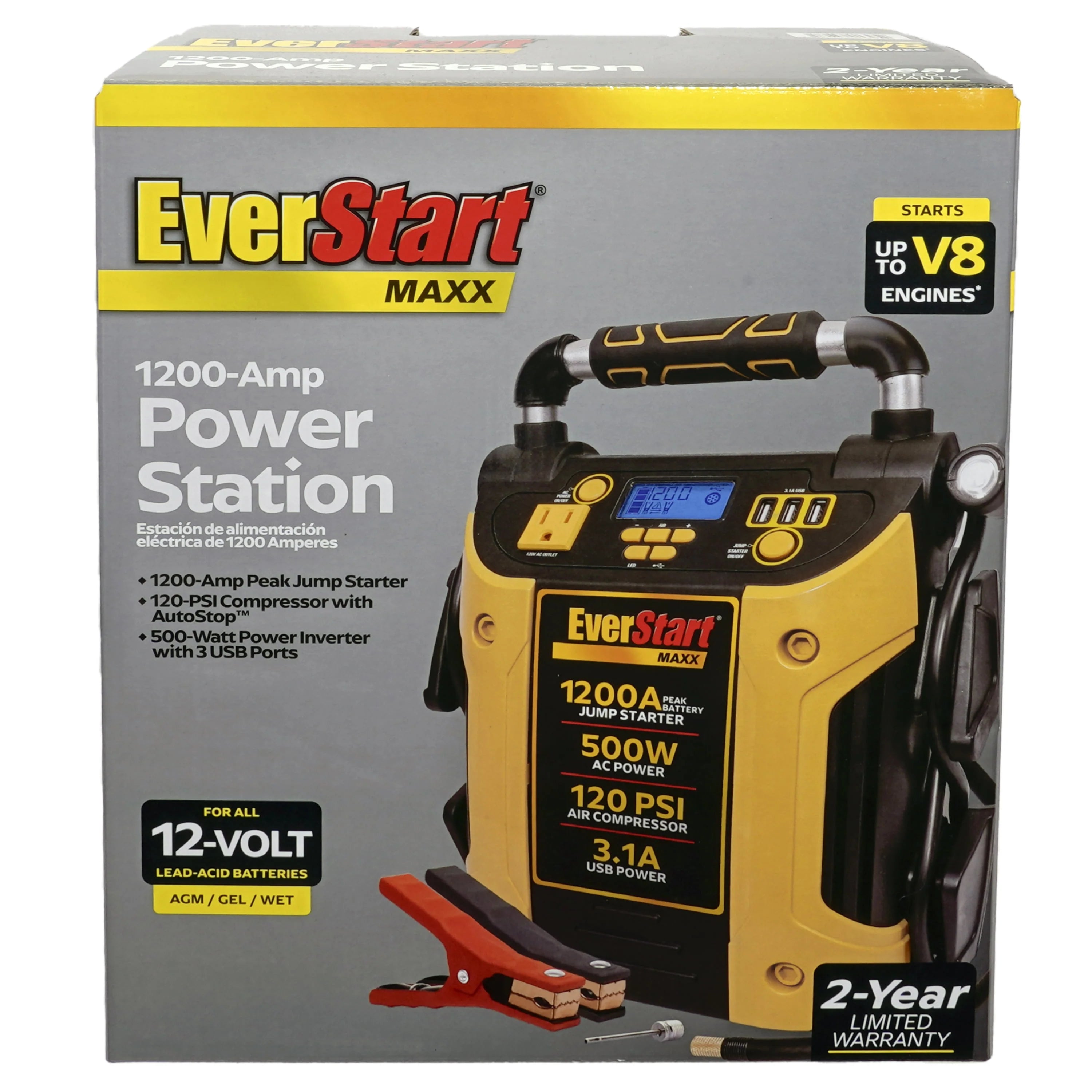 1200 Peak Amps Jump Starter with 500W Inverter and 120 PSI Compressor Q83425