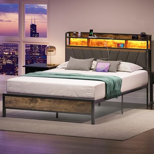 Brown Metal Bed Frame with LED Lights and Storage Headboard I5447