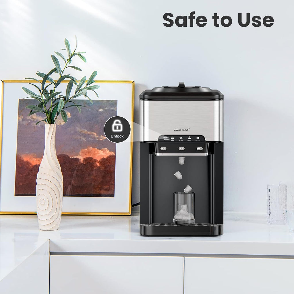 Water Dispenser with Ice Maker, 3-in-1 Countertop Top-Loading Hot Cold Water Cooler Machine, 48Lbs/24H, 12 Cubes, 4Lbs Storage Basket O16944