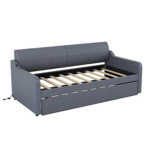 Twin Size Upholstered Wood Day Bed with Pop up Trundle (Grey) P372