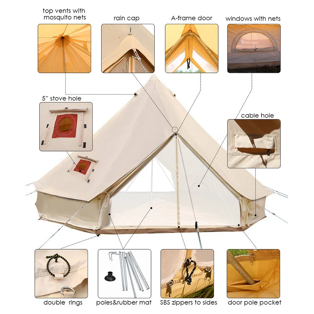 6M Double Door Bell Tent Waterproof Cotton Canvas Glamping Tent Yurt E764