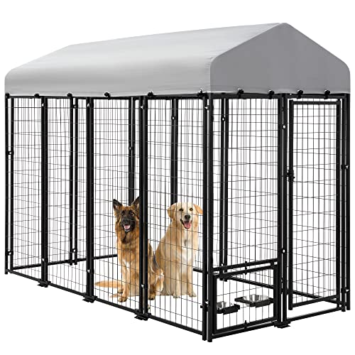 Large Dog Kennel Heavy Duty Welded Wire Steel Cage with Waterproof Cover (8x4x6 ft) A4482