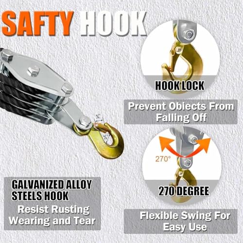 Rope Pulley Hoist 2200 lbs, Heavy Duty Pulley, 8:1 Power Pulley Block and Tackle System J175102