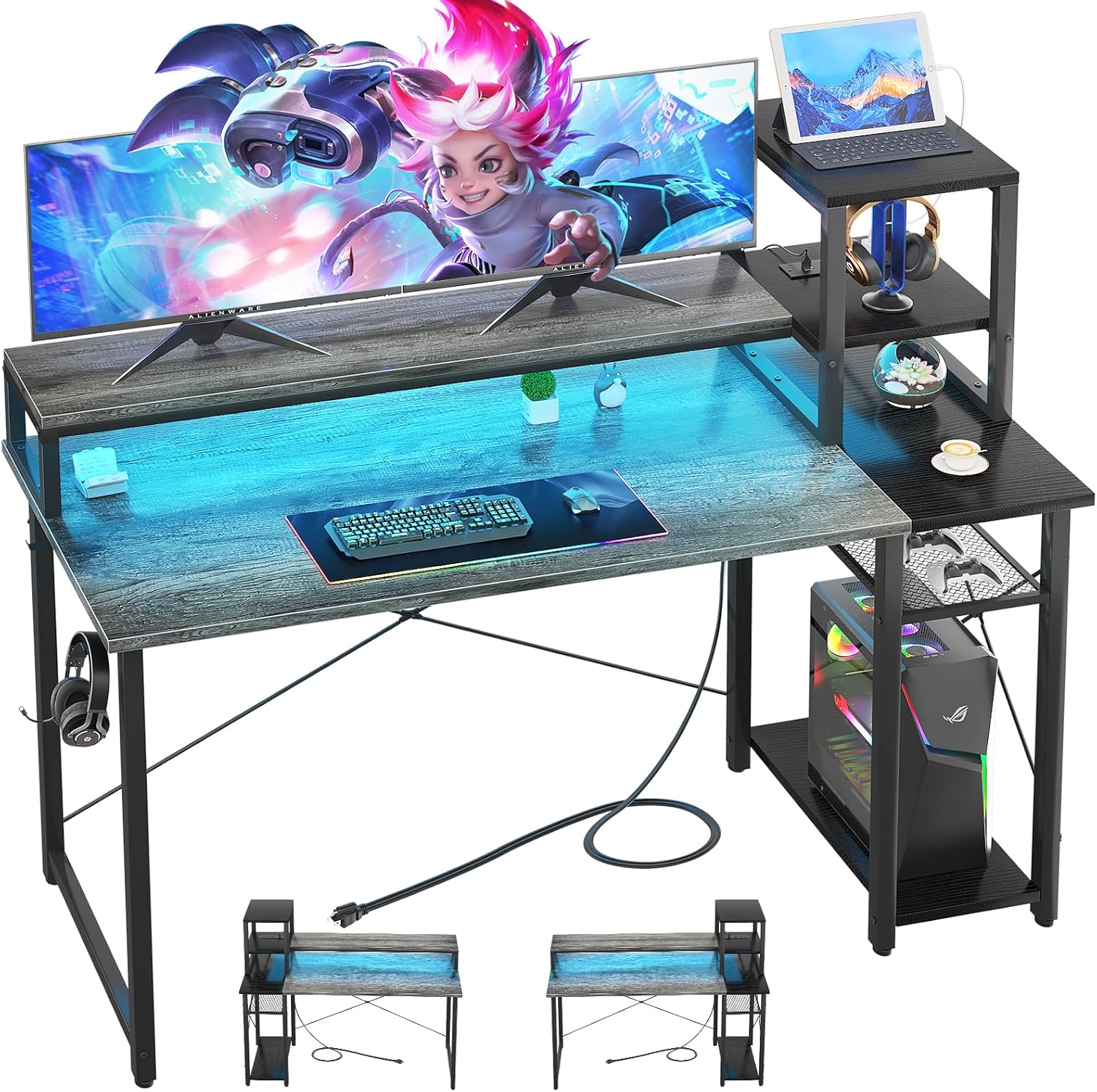 Grey Gaming Desk with LED and Storage Shelves Z589675