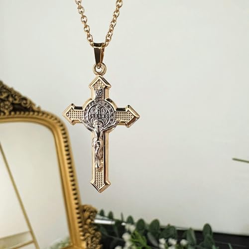 14k Two Tone Gold Saint Benedict Crucifix Cross Reversible Pendant L7991