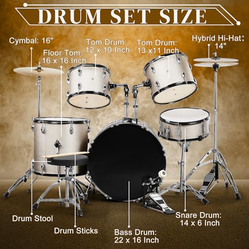 Blue 5-Piece Full-Size Drum Set with Cymbal Stands, Hi-hat Stand, Sticks, Drum Pedal, Stool & Floor Tom I573268