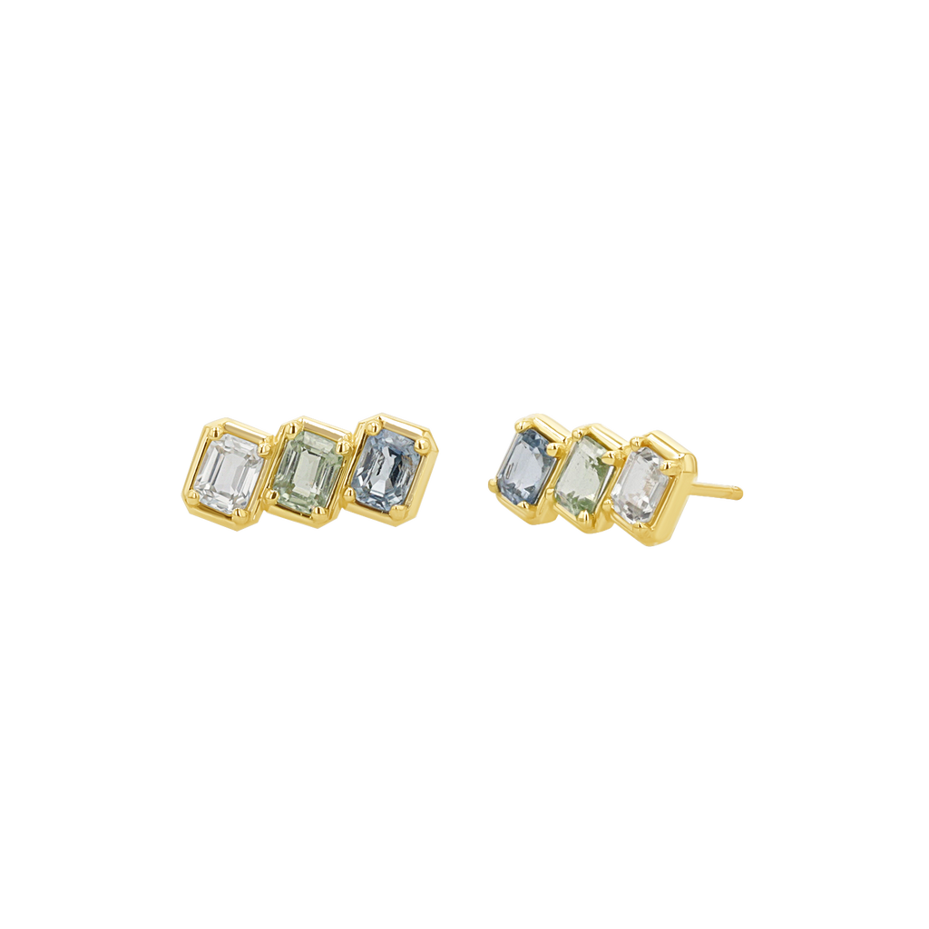 Emerald Cut Blue Sapphire Trio Earrings L2263