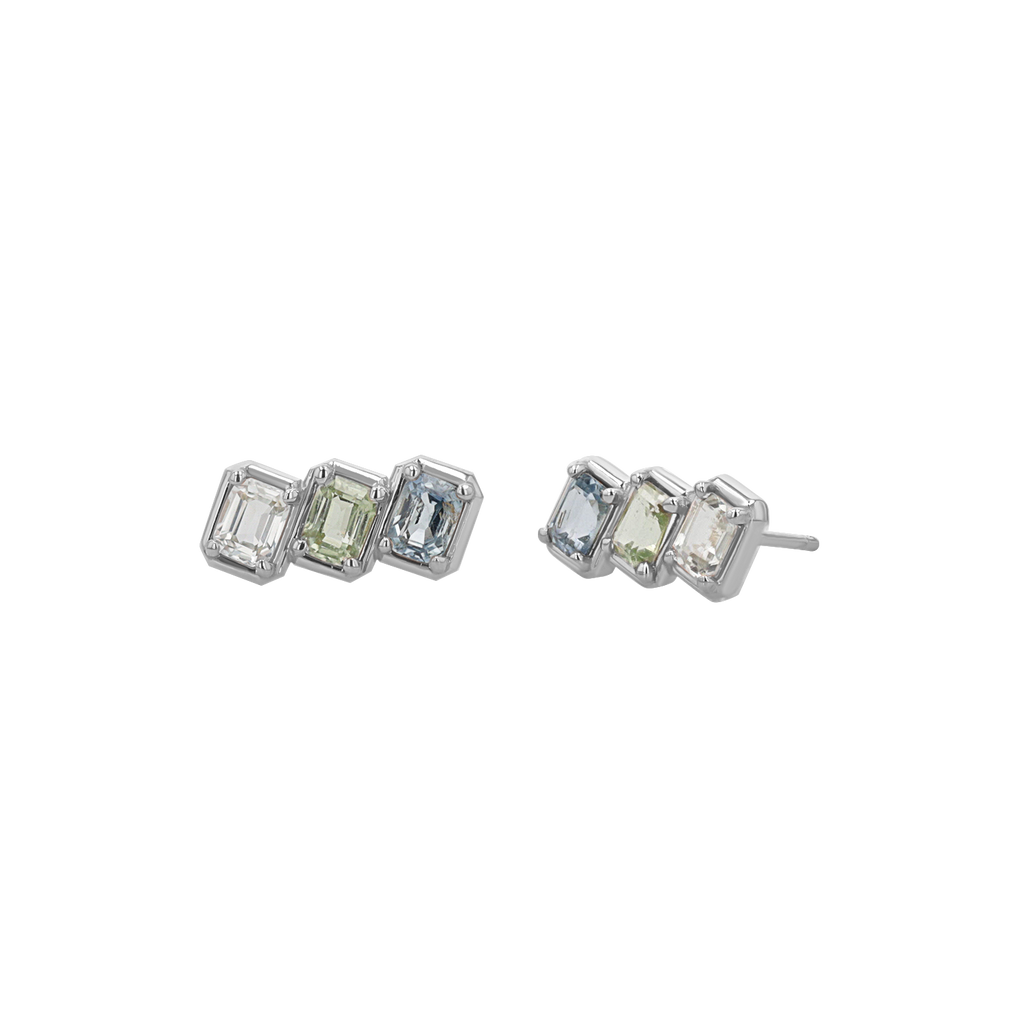 Emerald Cut Blue Sapphire Trio Earrings L2263